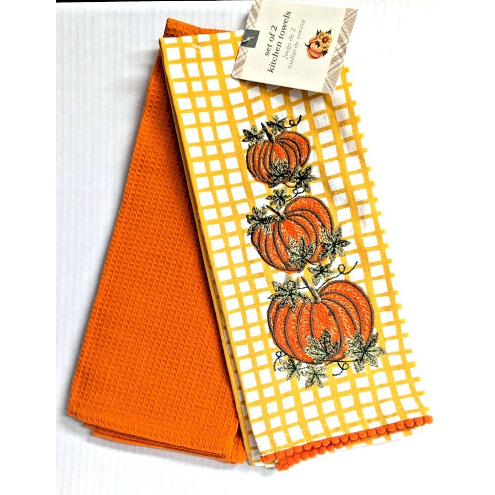Harvest Pumpkins Kitchen Towels 2pc Cotton Orange White 16 x 28-in Gift NEW